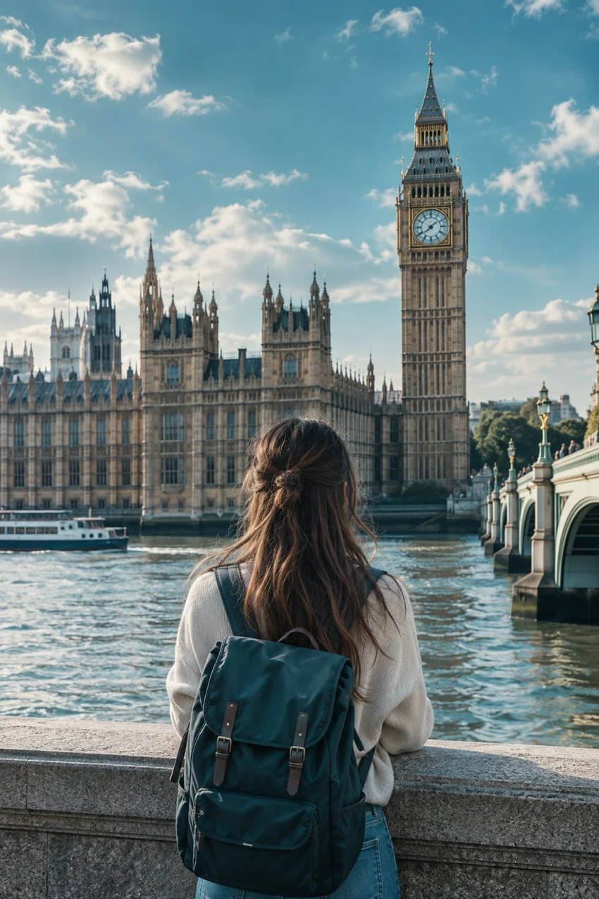 Student looking toward London landmarks