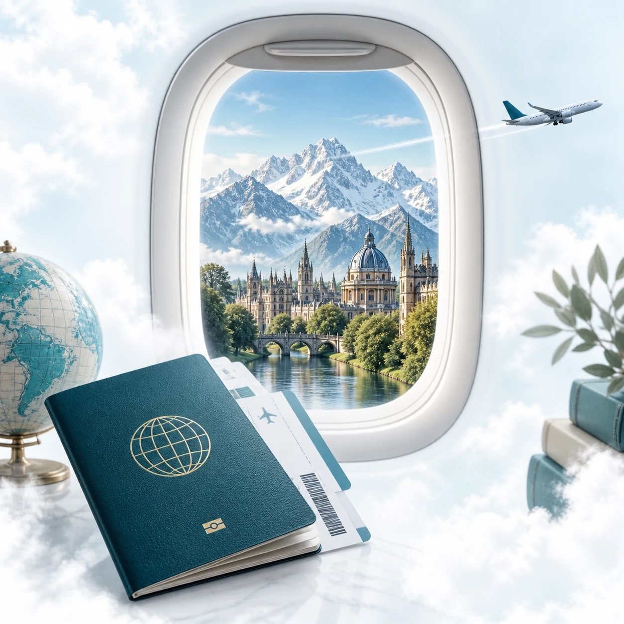 Airplane window framing mountains and a university, with passport and travel documents